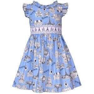 Bonnie Jean Girls Size 2T-6X "BLUE PARIS PRINT" Smocked Dress NWT